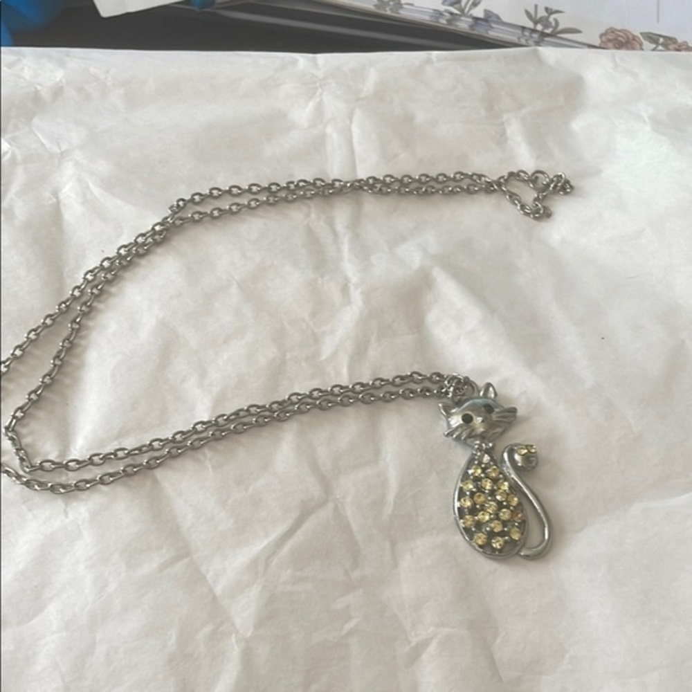 Silver Cat Pendant Necklace with Yellow Accents - Picture 2 of 3